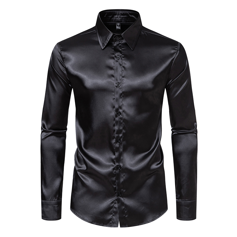 Mens Satin Silk Dress Shirt - Pakaian pria Satin hitam, baju tuksedo