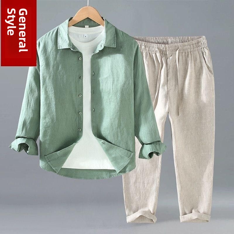 Mens Linen Shirt Long Sleeve - Setelan Kemeja dan Celana Linen Katun