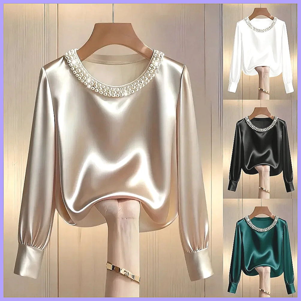 Shirts - Blus Satin Berhias Manik-Manik Elegan untuk