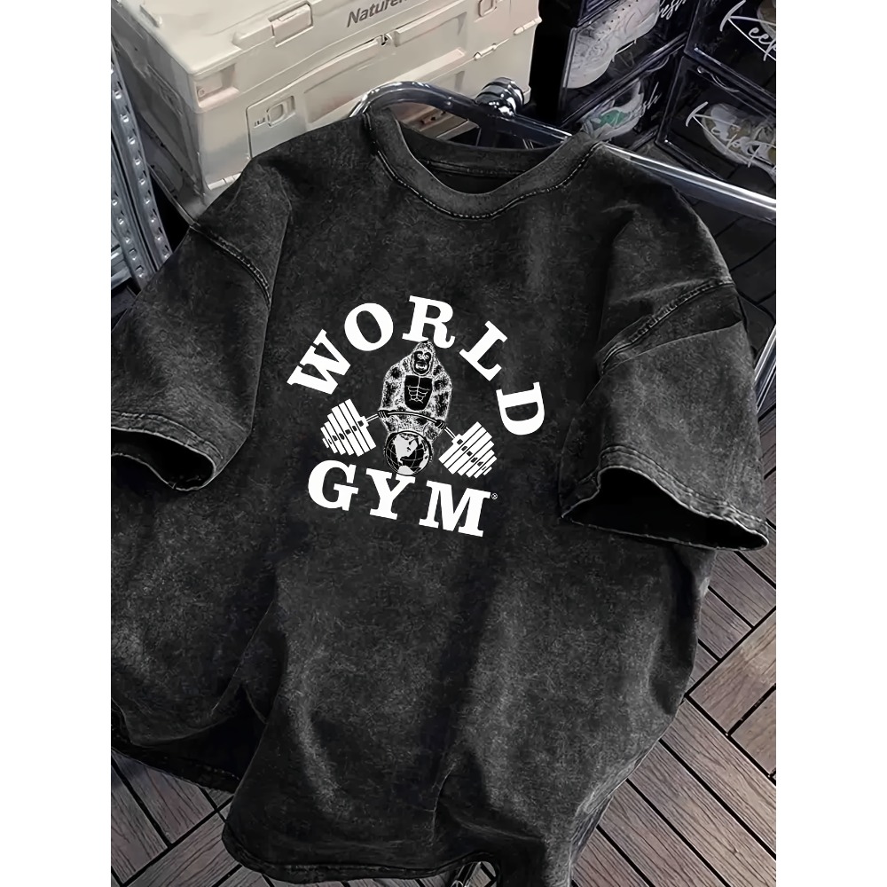 Acid Wash Vintage Graphic T Shirt - Kaos World Gym Gorilla Lifting Weights