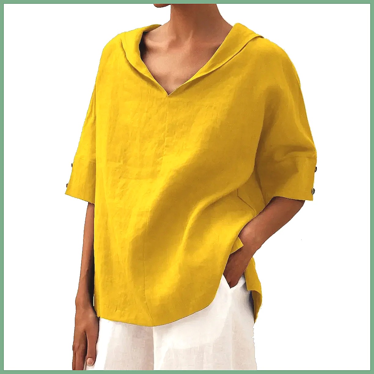 Shirts - Kemeja Linen Katun Kerah V Longgar