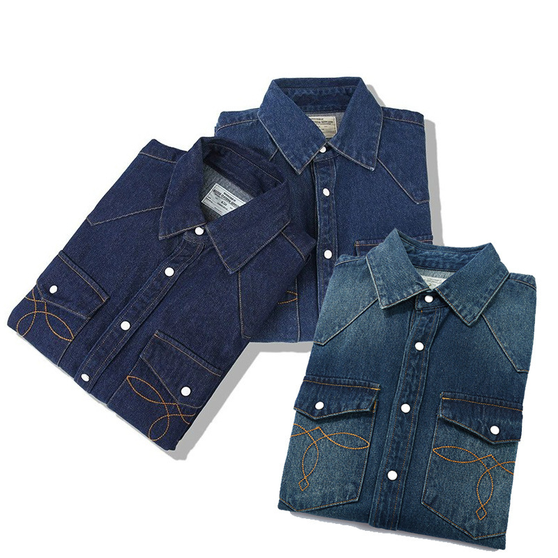 Kemeja Denim Vintage American  - Mens Western Denim Pearl Snap Shirt ulasan dan harga