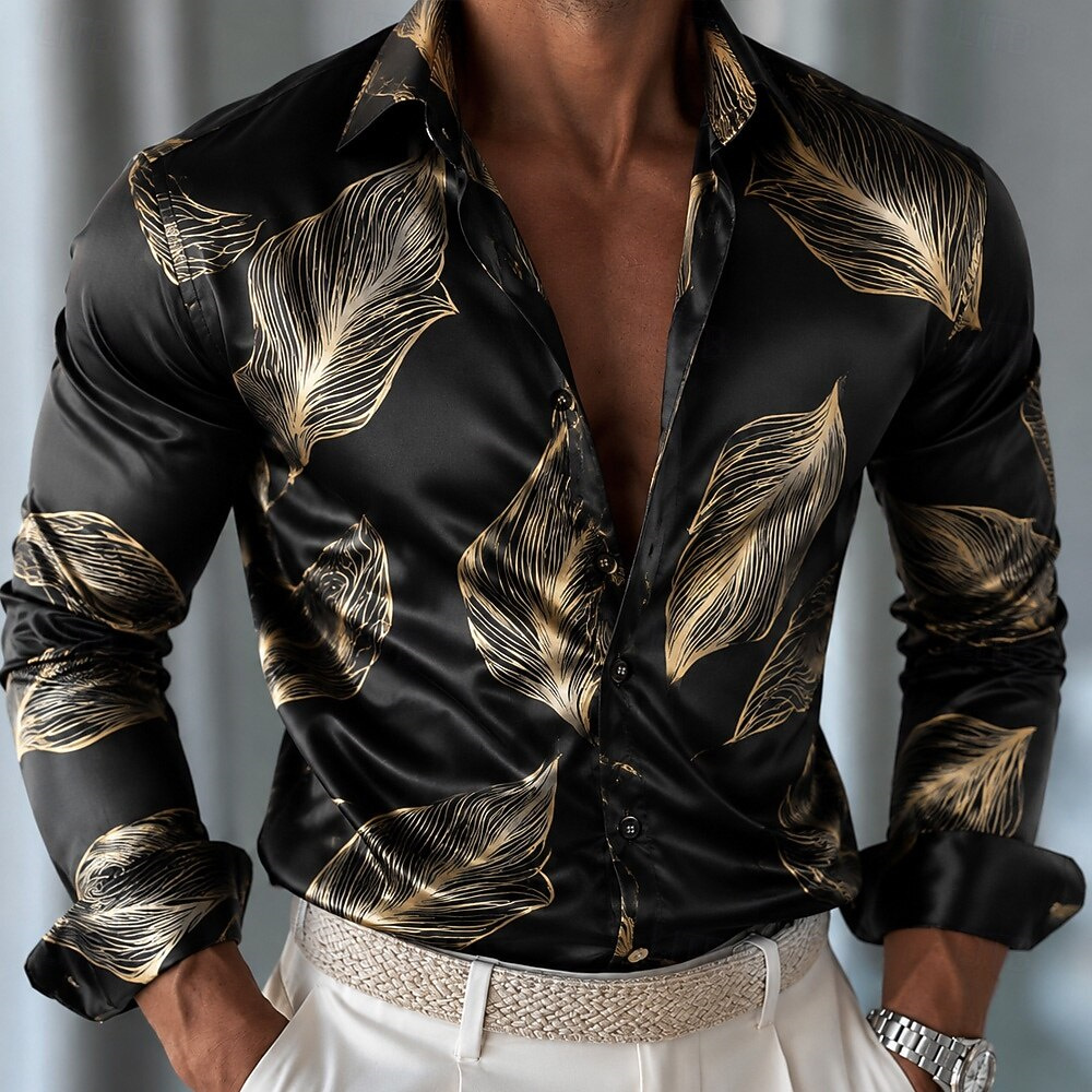 Kemeja Satin Motif Daun Pria,  - Mens Satin Silk Dress Shirt ulasan dan harga