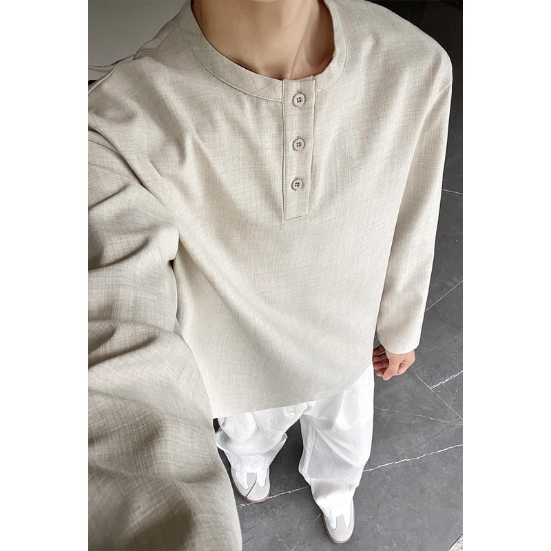 Kemeja Henley Kasual Pria Baha - Mens Linen Shirt Long Sleeve ulasan dan harga