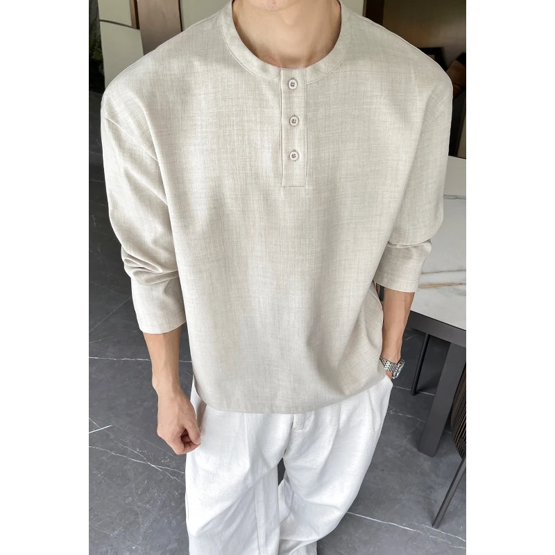 Kemeja Henley Kasual Pria Baha - Mens Linen Shirt Long Sleeve ulasan dan harga