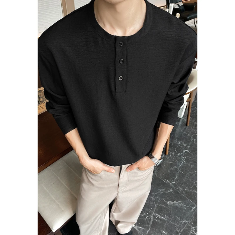 Kemeja Henley Kasual Pria Baha - Mens Linen Shirt Long Sleeve ulasan dan harga
