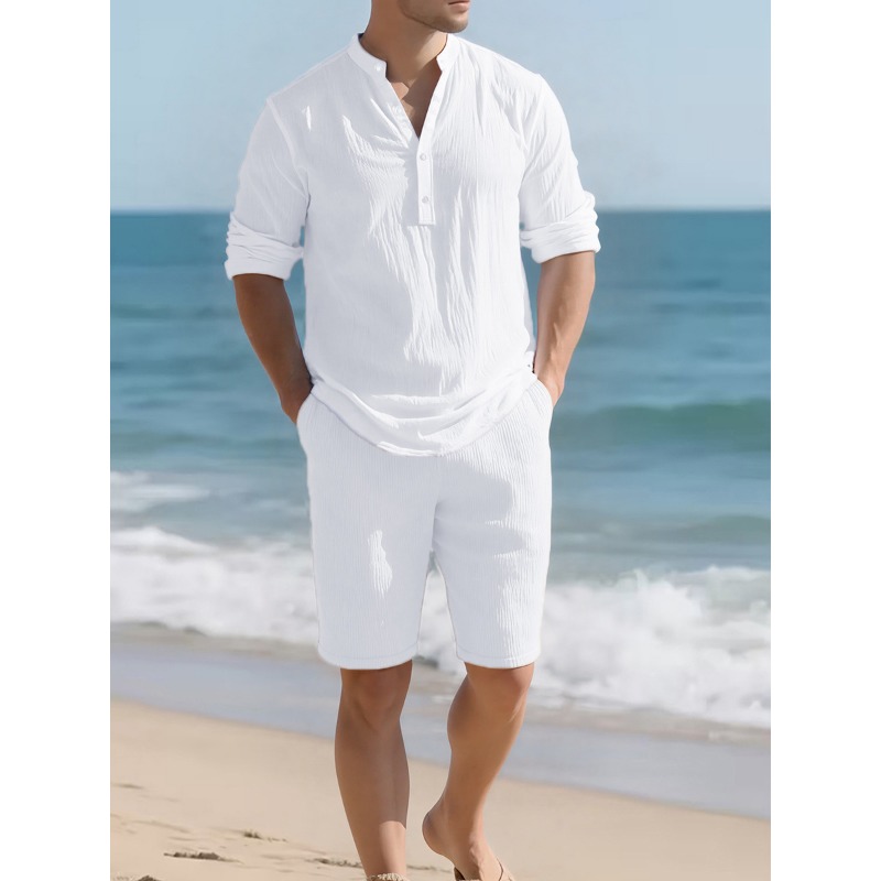 Setelan Dua Potong Linen Putih - Mens Linen Shirt Long Sleeve ulasan dan harga