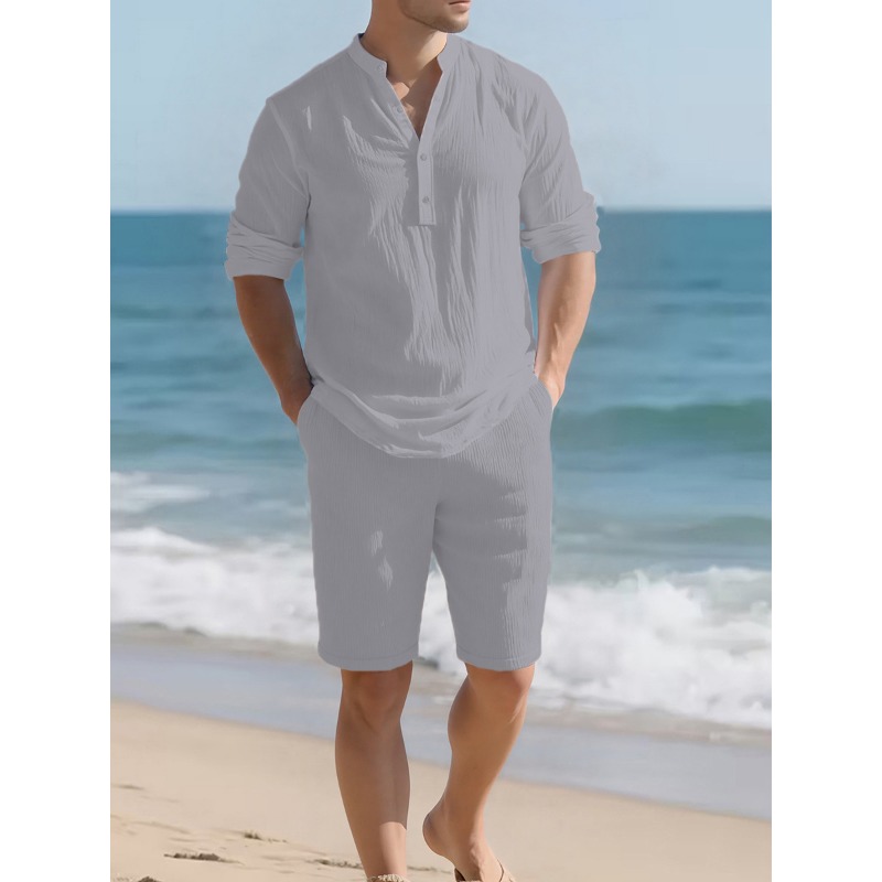 Setelan Dua Potong Linen Putih - Mens Linen Shirt Long Sleeve ulasan dan harga