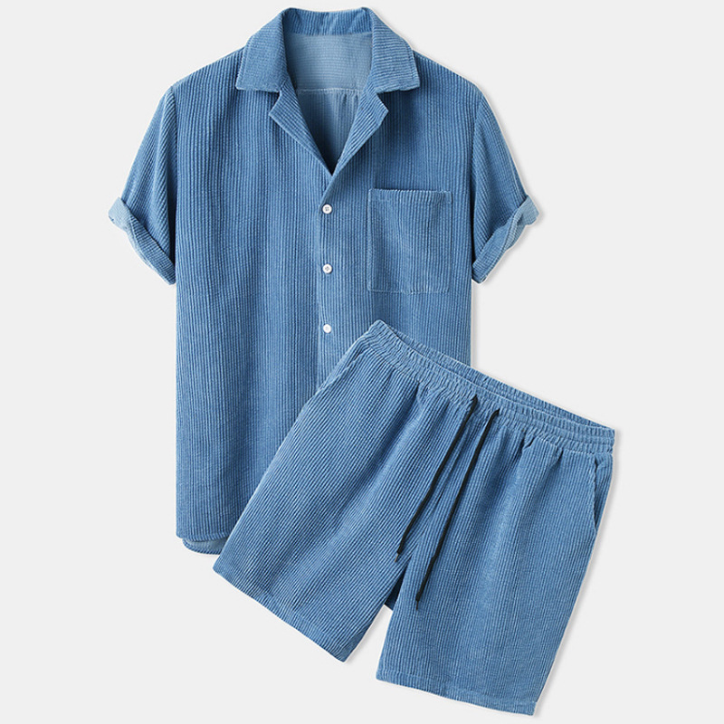 Set Kemeja dan Celana Pendek K - Corduroy Button Up Shirt Men ulasan dan harga