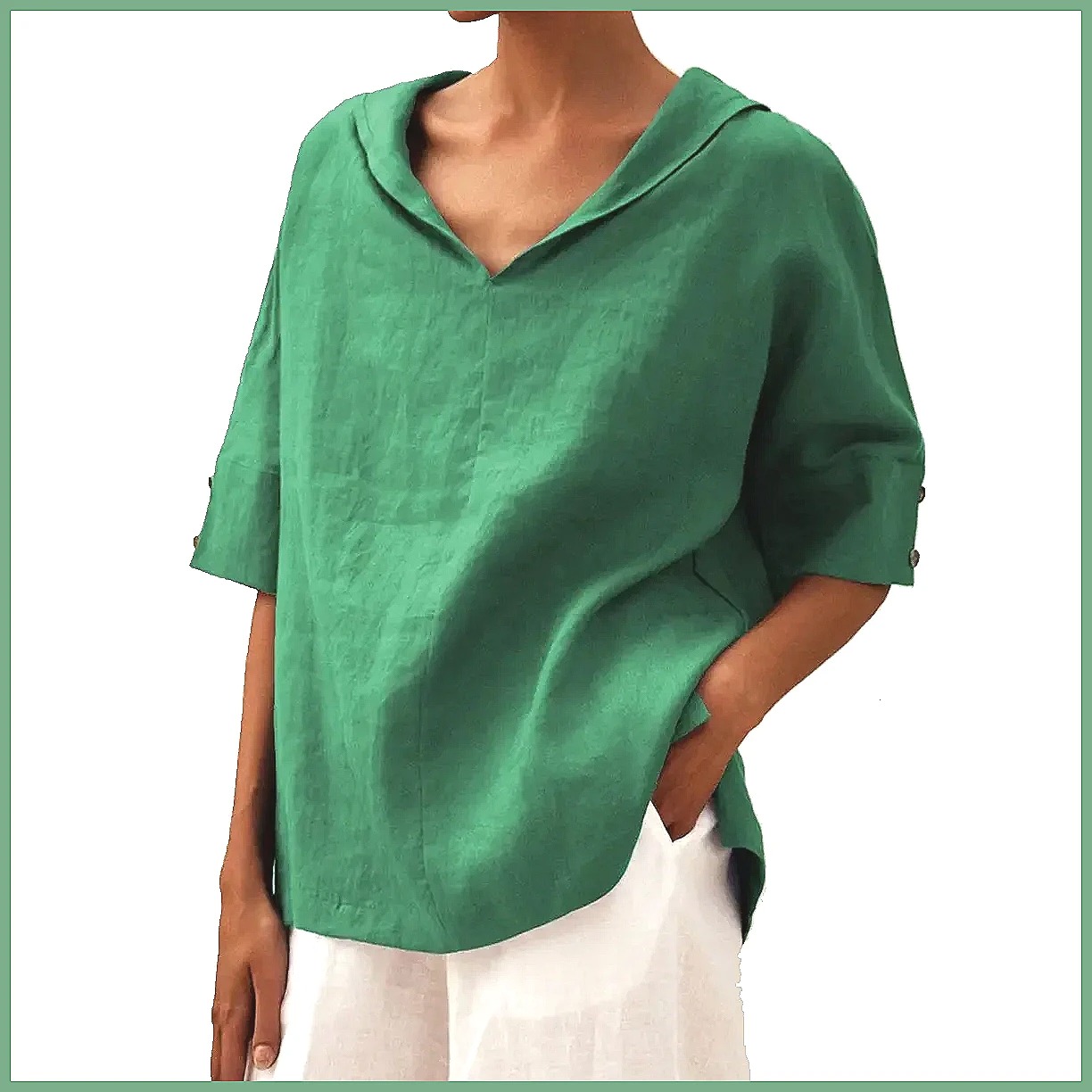Kemeja Linen Katun Kerah V Lon - Shirts ulasan dan harga